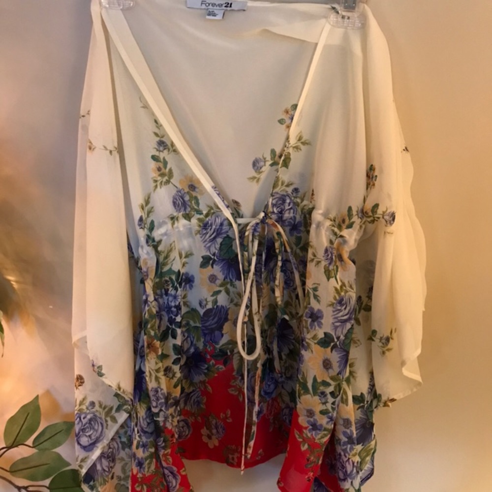 Forever 21 floral print chiffon tie waist top